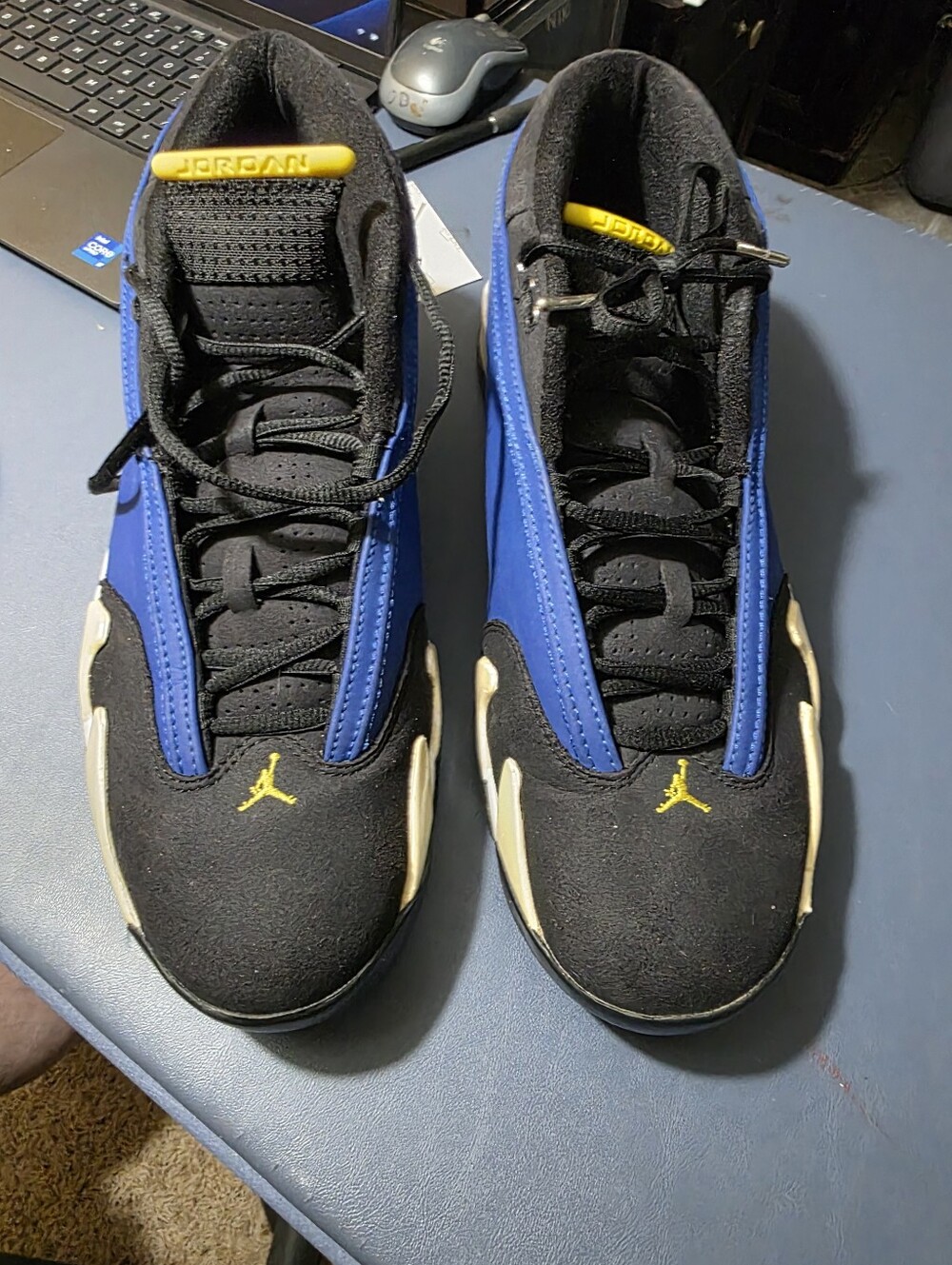 Jordan 14 "Laney", Size 12m, Black/Blue Basketball Sneakers with Yellow Jumpman